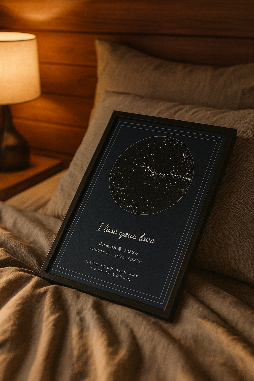 Framed star map poster on table